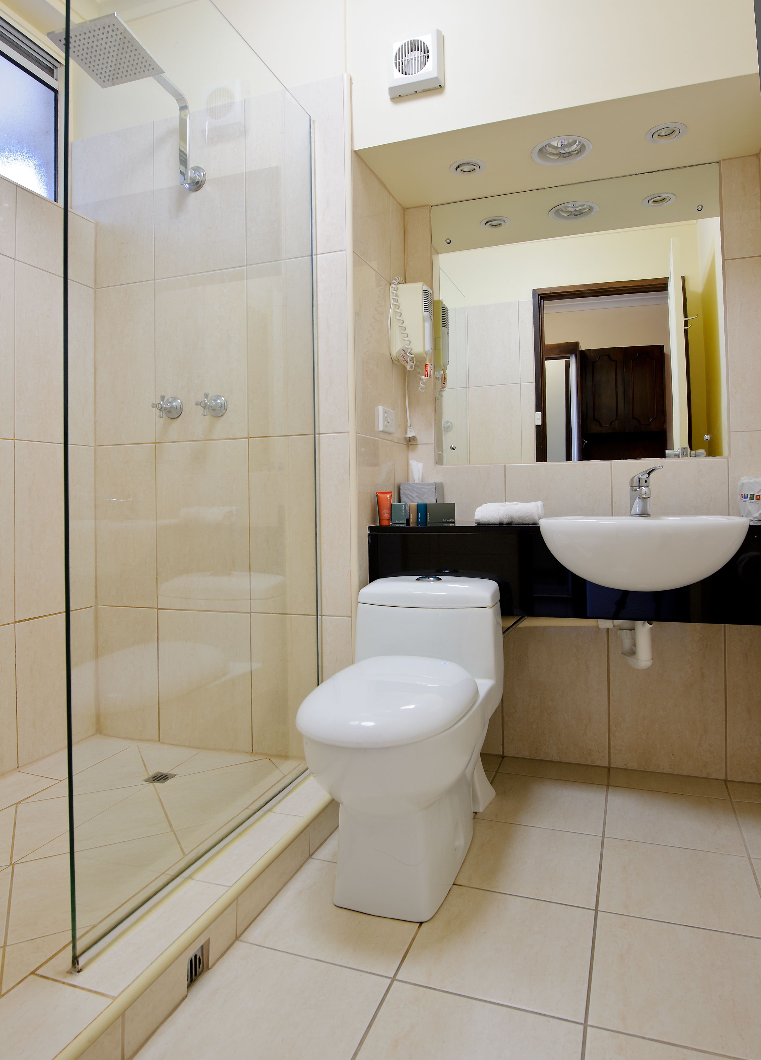 Un baño con ducha envuelta en vidrio, inodoro, lavabo y espejo.