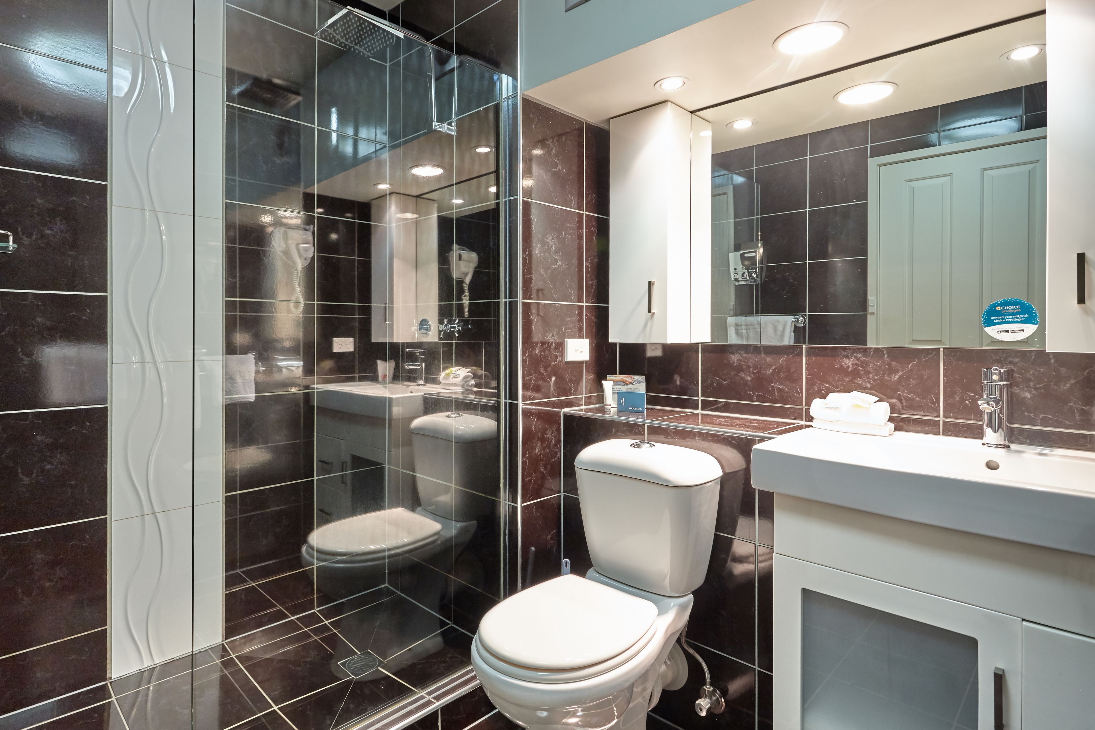 Un baño moderno con ducha envuelta en vidrio, inodoro y tocador con espejo.