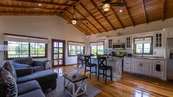 Amplia sala de estar con techo de madera, cocina con alacenas blancas y un ventanal con vistas a zonas verdes.