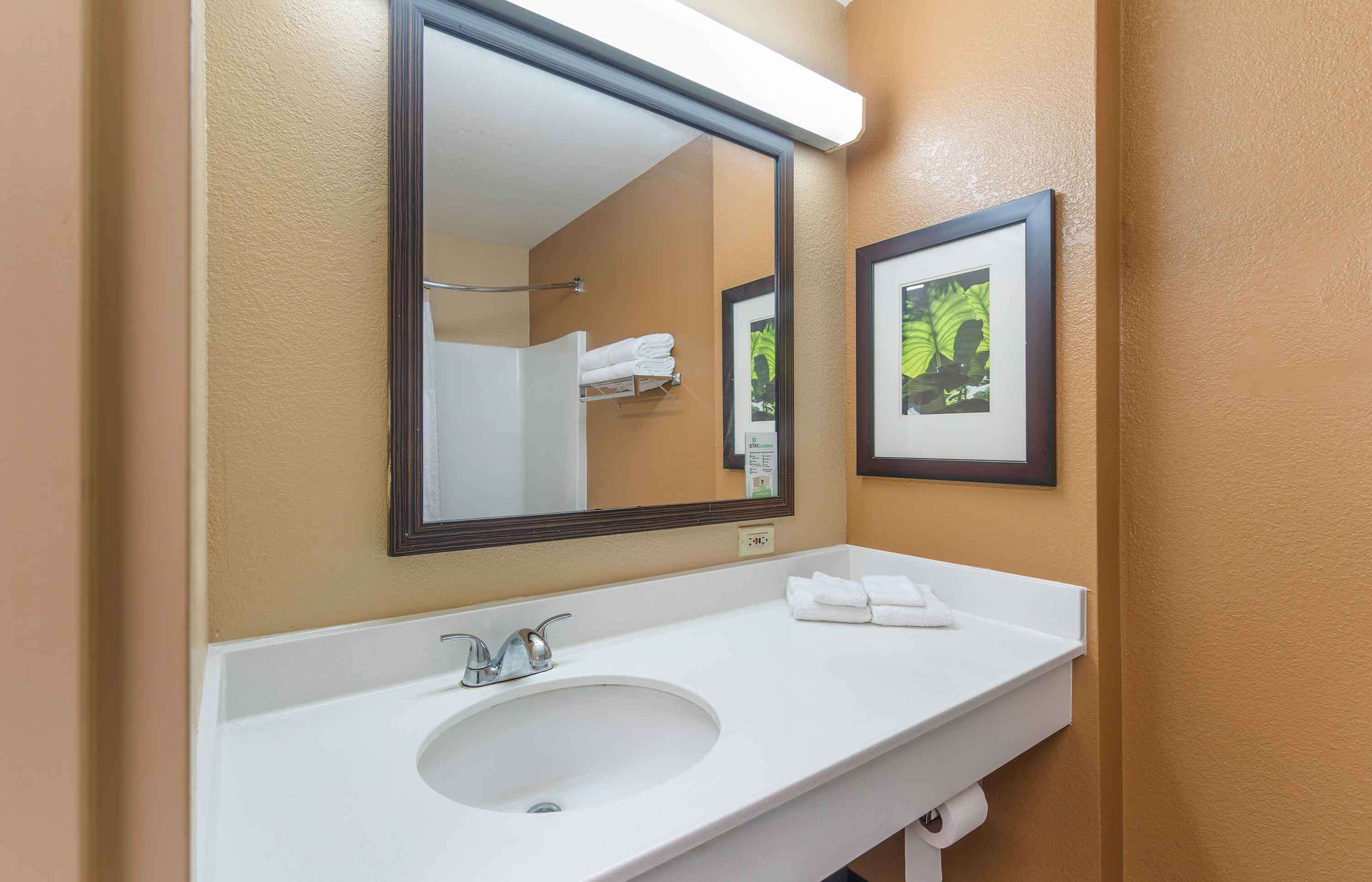 A bathroom with a white sink, a large mirror, and two framed pictures on the wall.