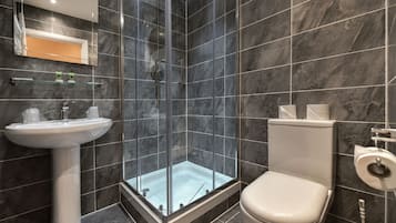 Shower, free toiletries, hair dryer, towels