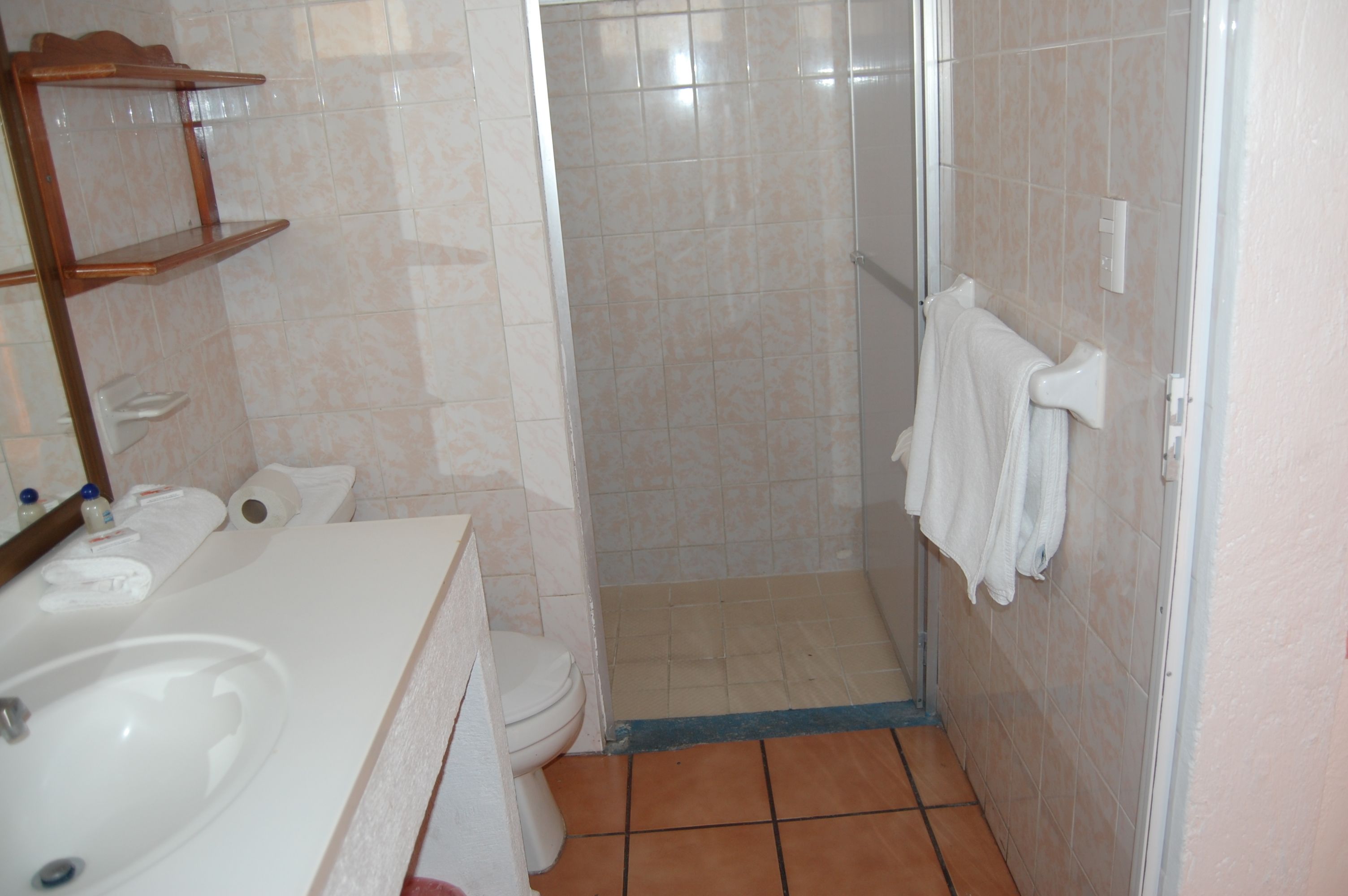 Un baño con lavamanos, inodoro y ducha.