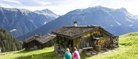A rustic wooden cabin with a stone foundation, surrounded by lush green grass and mountains in the background.