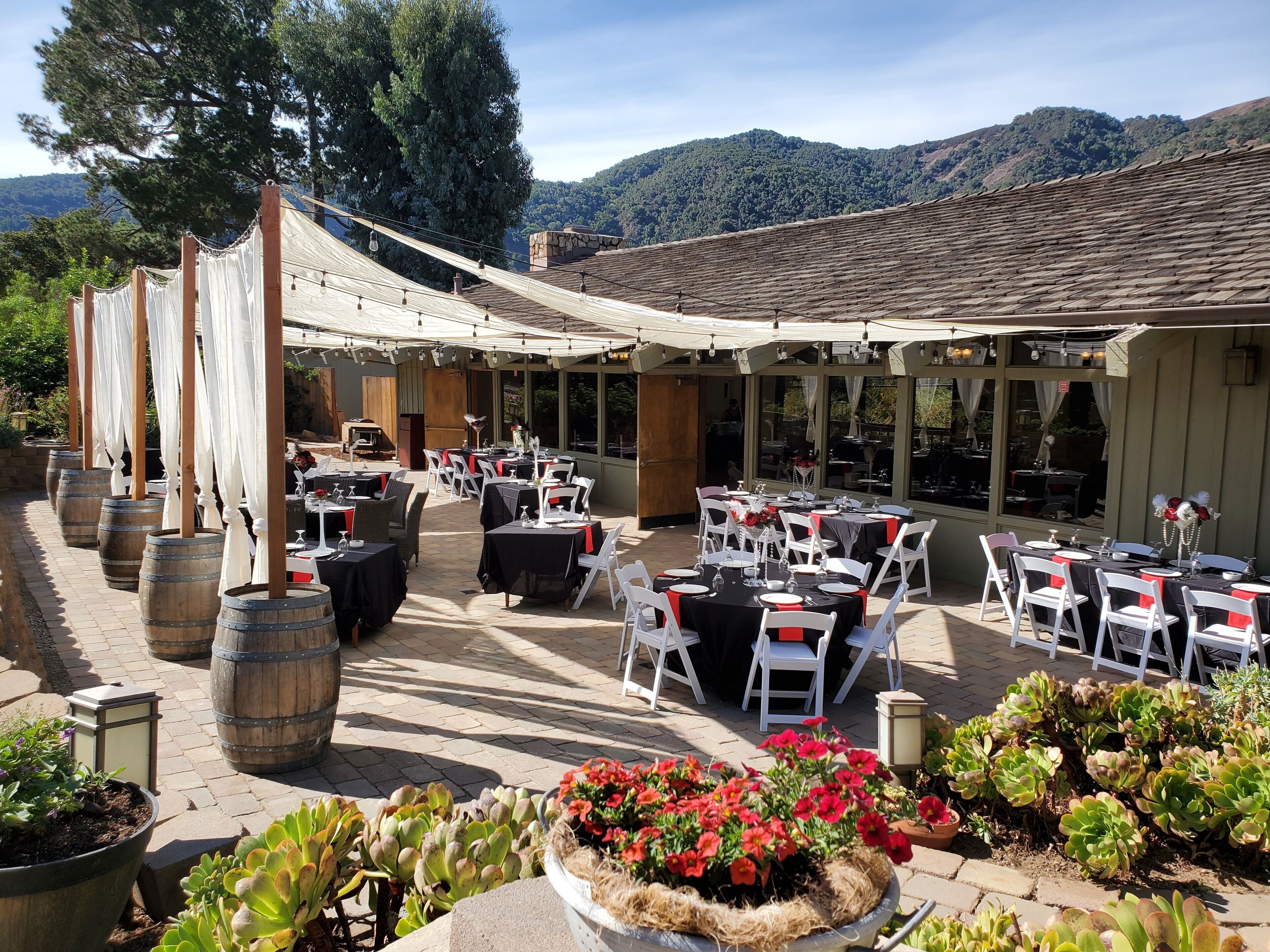 An outdoor dining area with tables and chairs, surrounded by potted plants and wooden barrels.