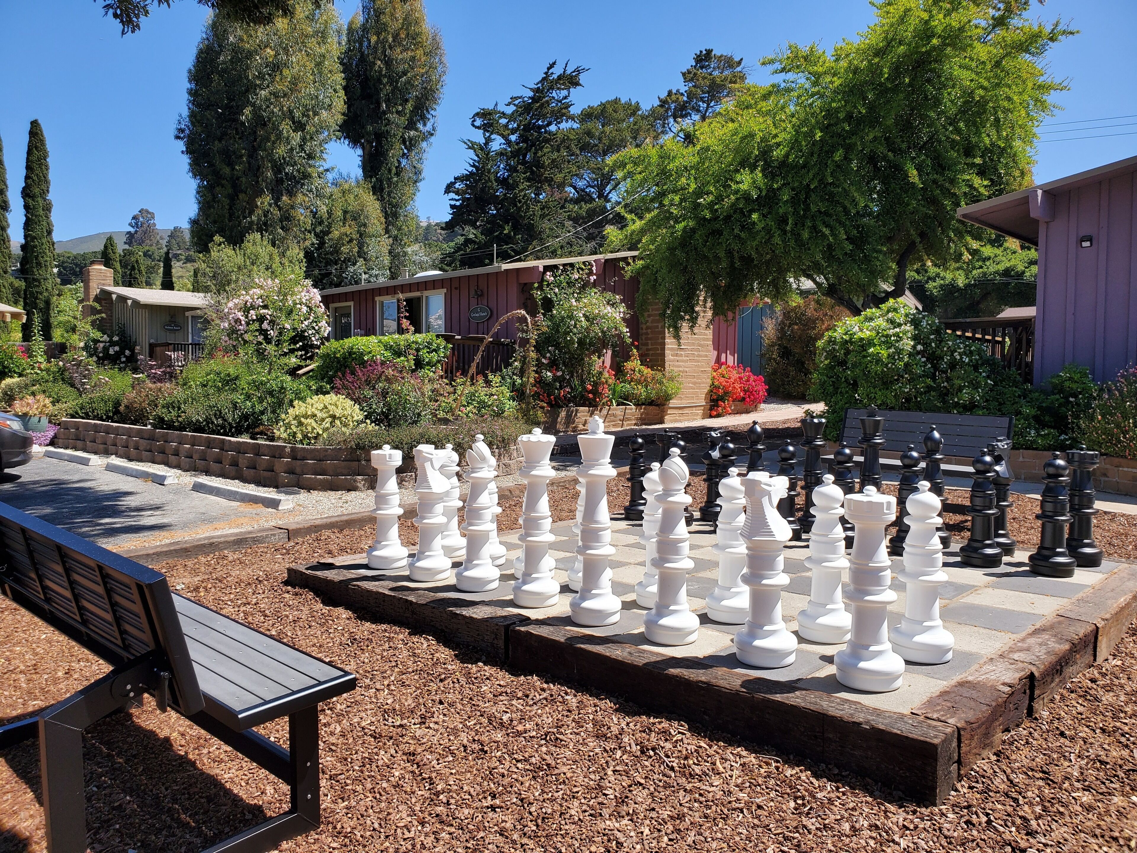 A chessboard set up outdoors with a bench nearby.
