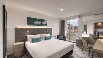 Premium bedding, pillowtop beds, desk, laptop workspace