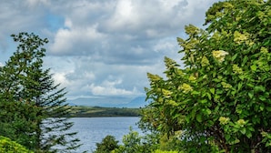 A lush garden with vibrant pink flowers and a view of a lake.