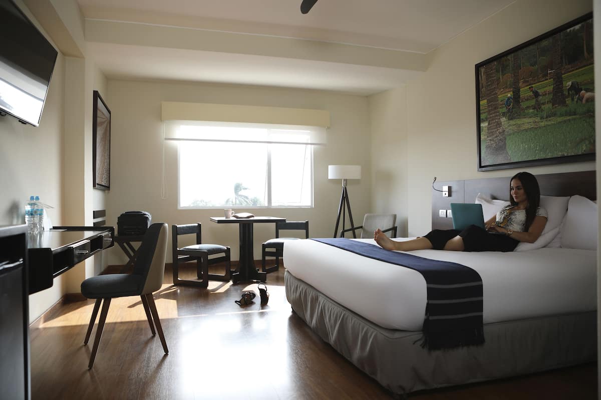 A hotel room with a bed, desk, chairs, a table, and a window.