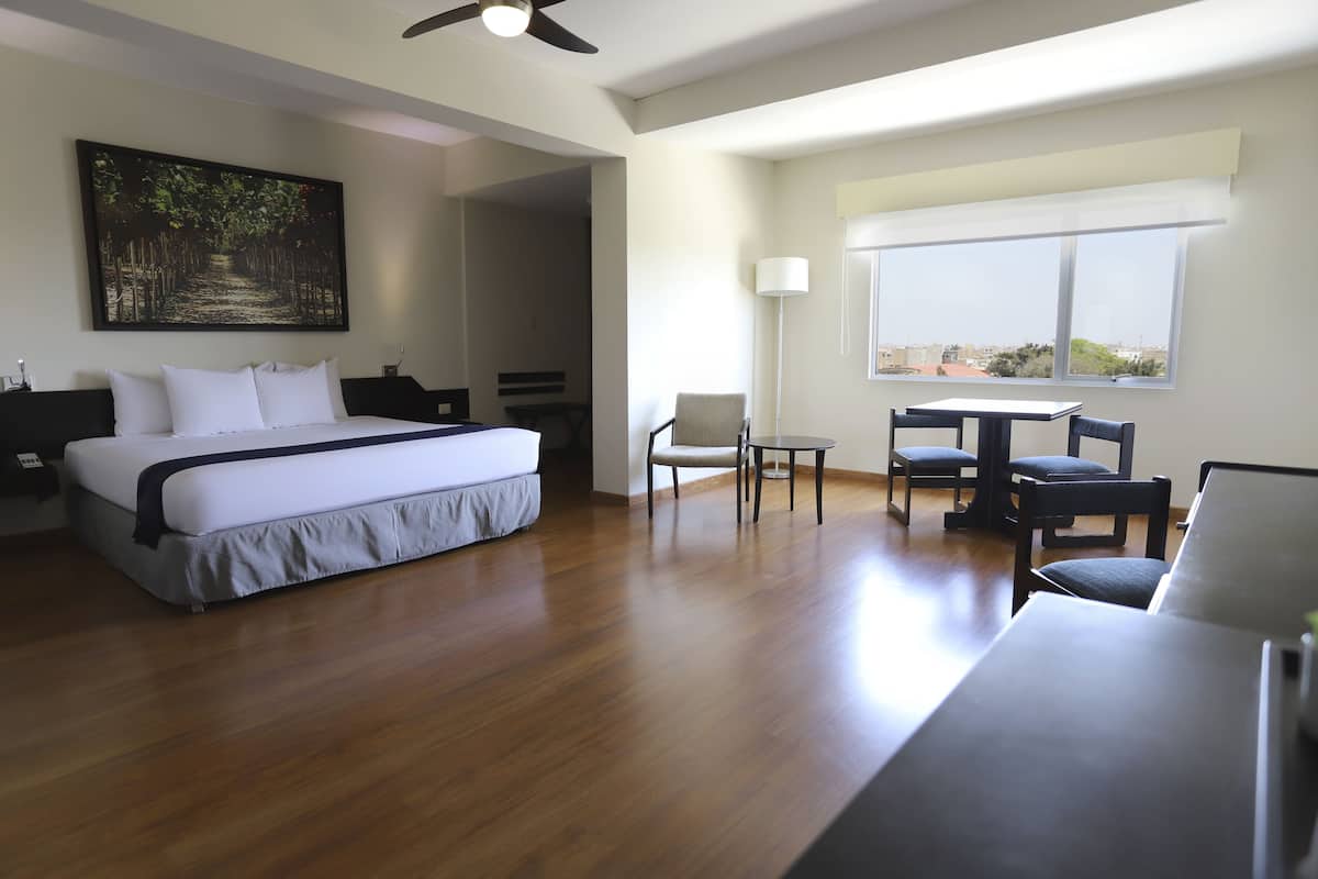 A hotel room with a bed, a desk, chairs, a lamp, and a large window with a view.