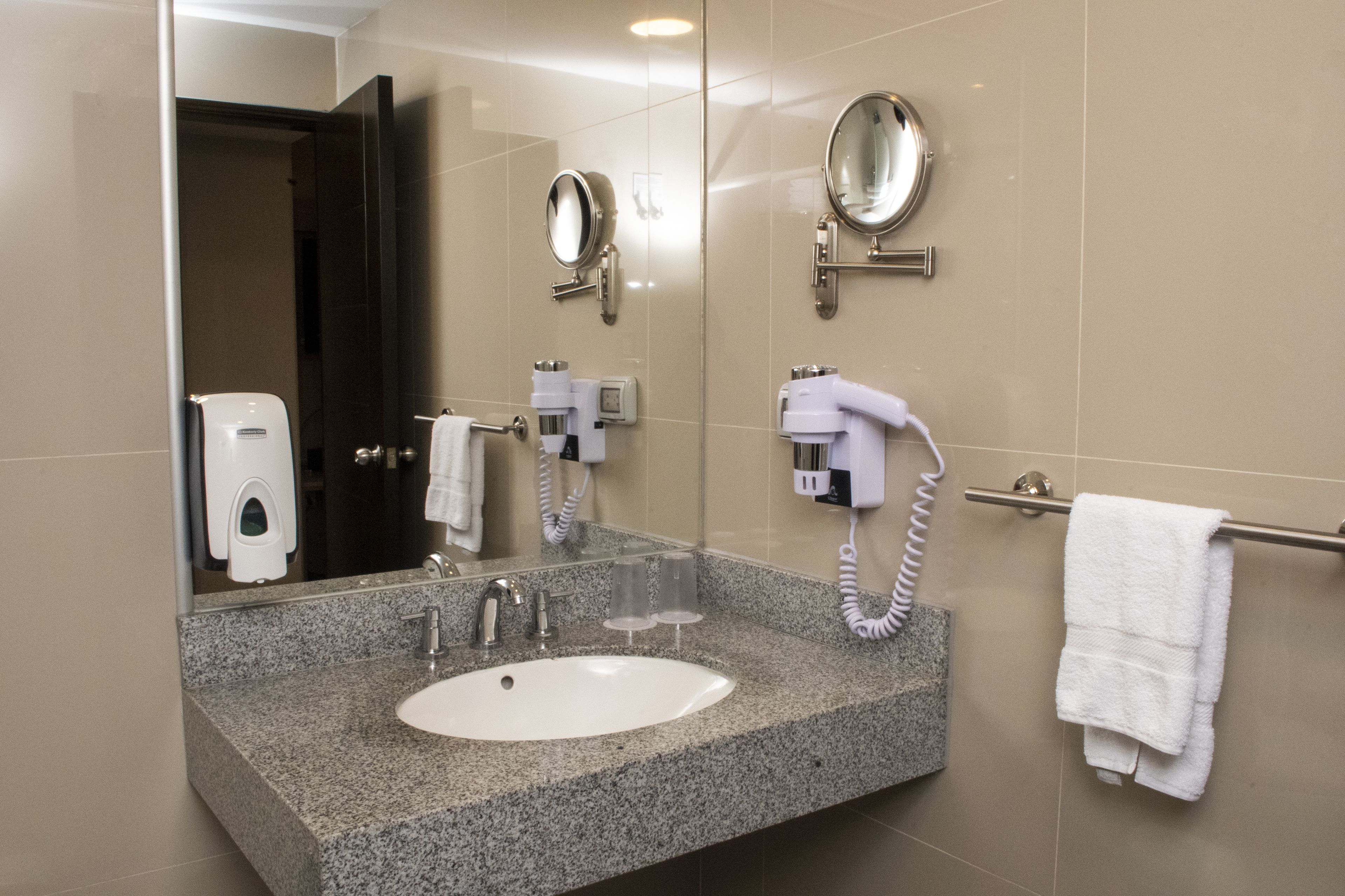 combined shower/bathtub, hair dryer, bathrobes, towels