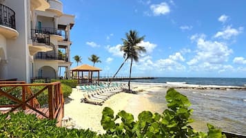 A beachfront hotel with a pool area, palm trees, and a view of the ocean.