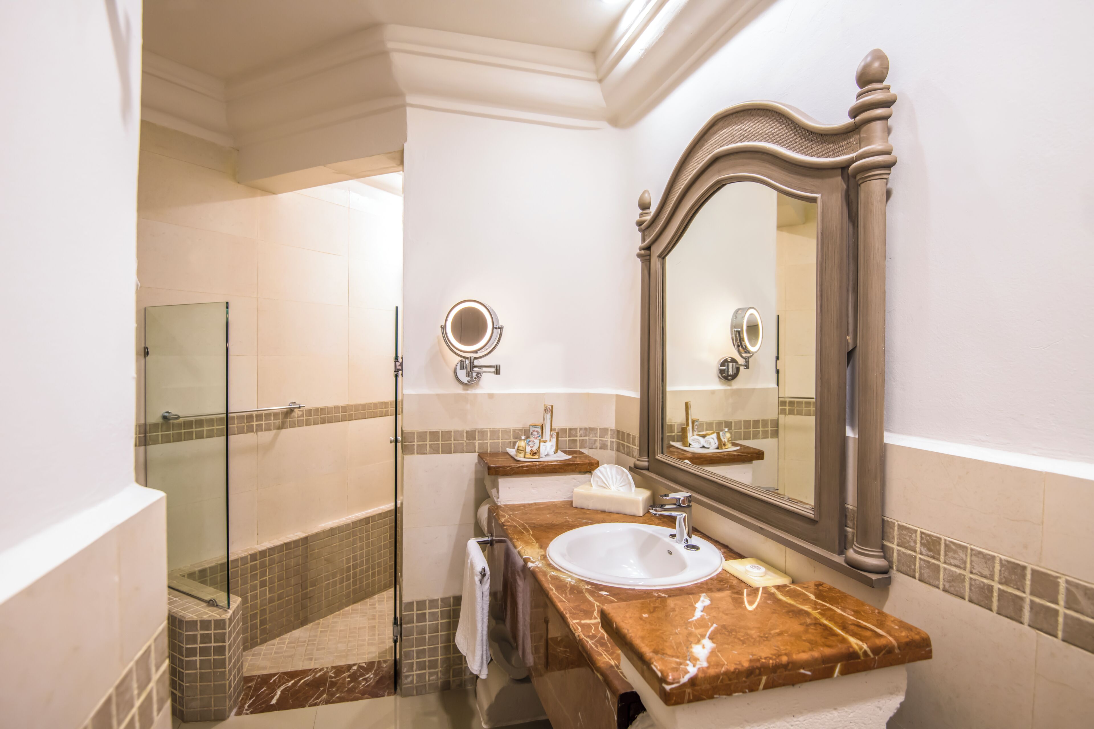 A bathroom with a glass shower enclosure, a sink with a marble countertop, and a large mirror with a decorative frame.