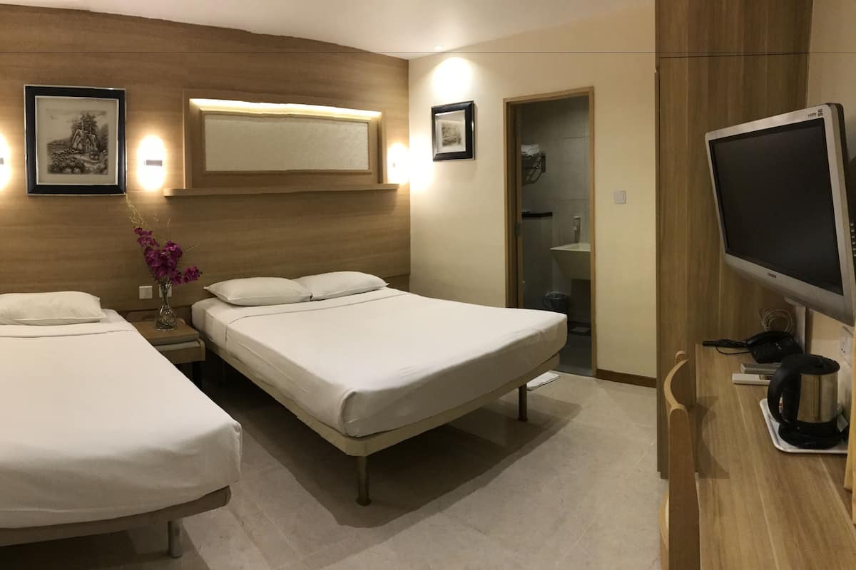 A hotel room with two single beds, a TV, a bedside table with a vase of flowers, and a wooden headboard.