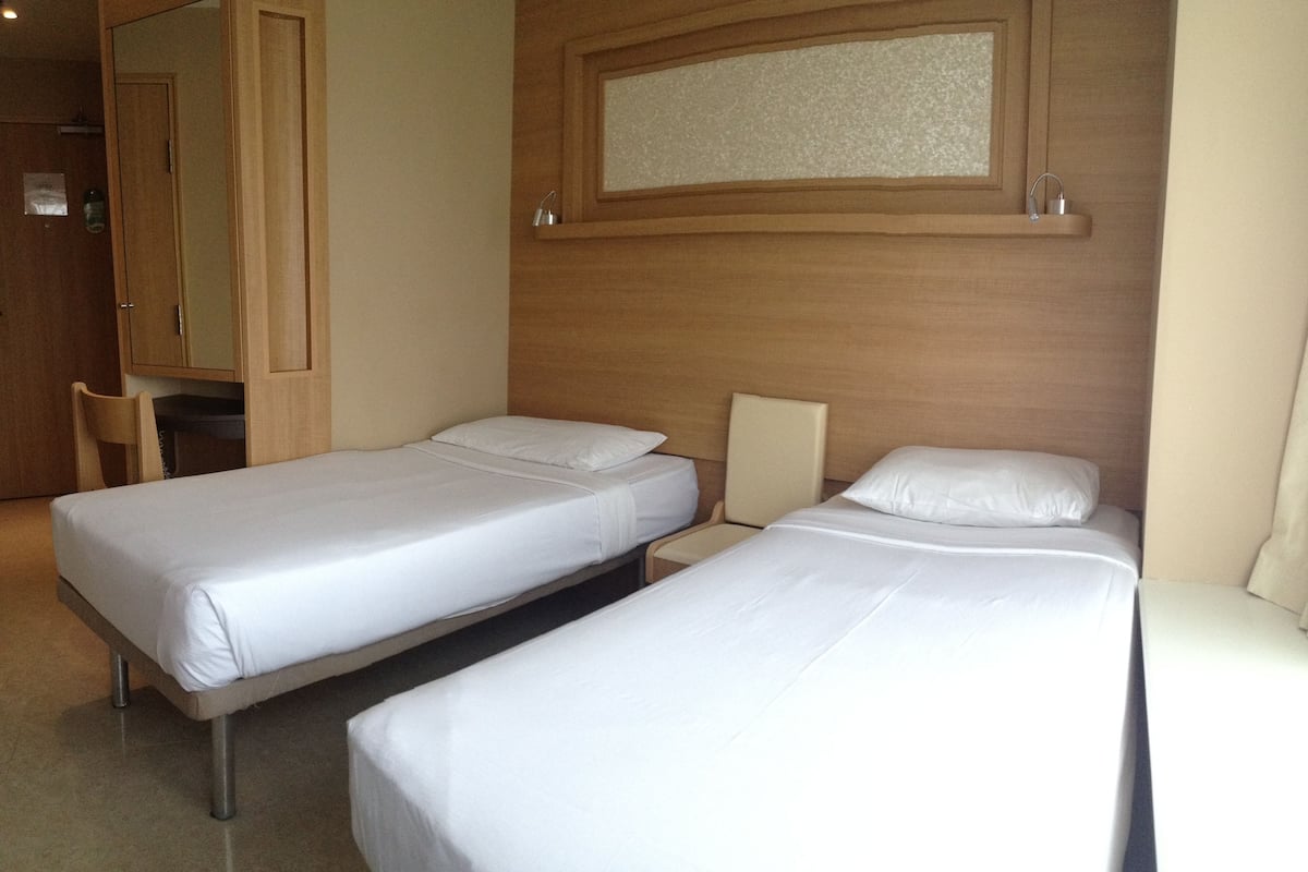 A hotel room with two single beds, a wooden headboard, a large mirror, and a wooden wardrobe.