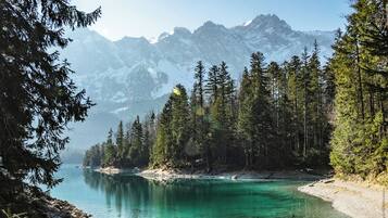 A mountainous landscape with a clear lake, dense forest, and snow-capped peaks.