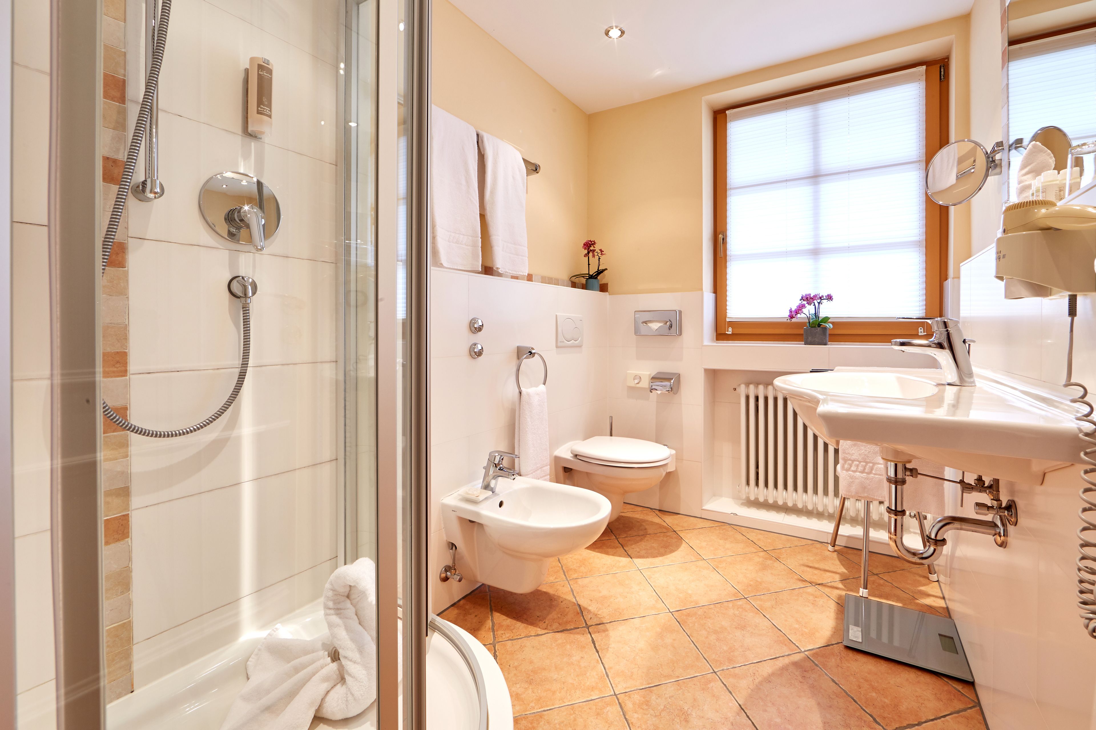 shower, hair dryer, bathrobes, slippers