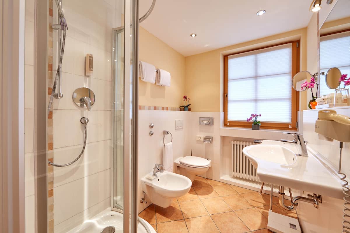 shower, hair dryer, bathrobes, slippers