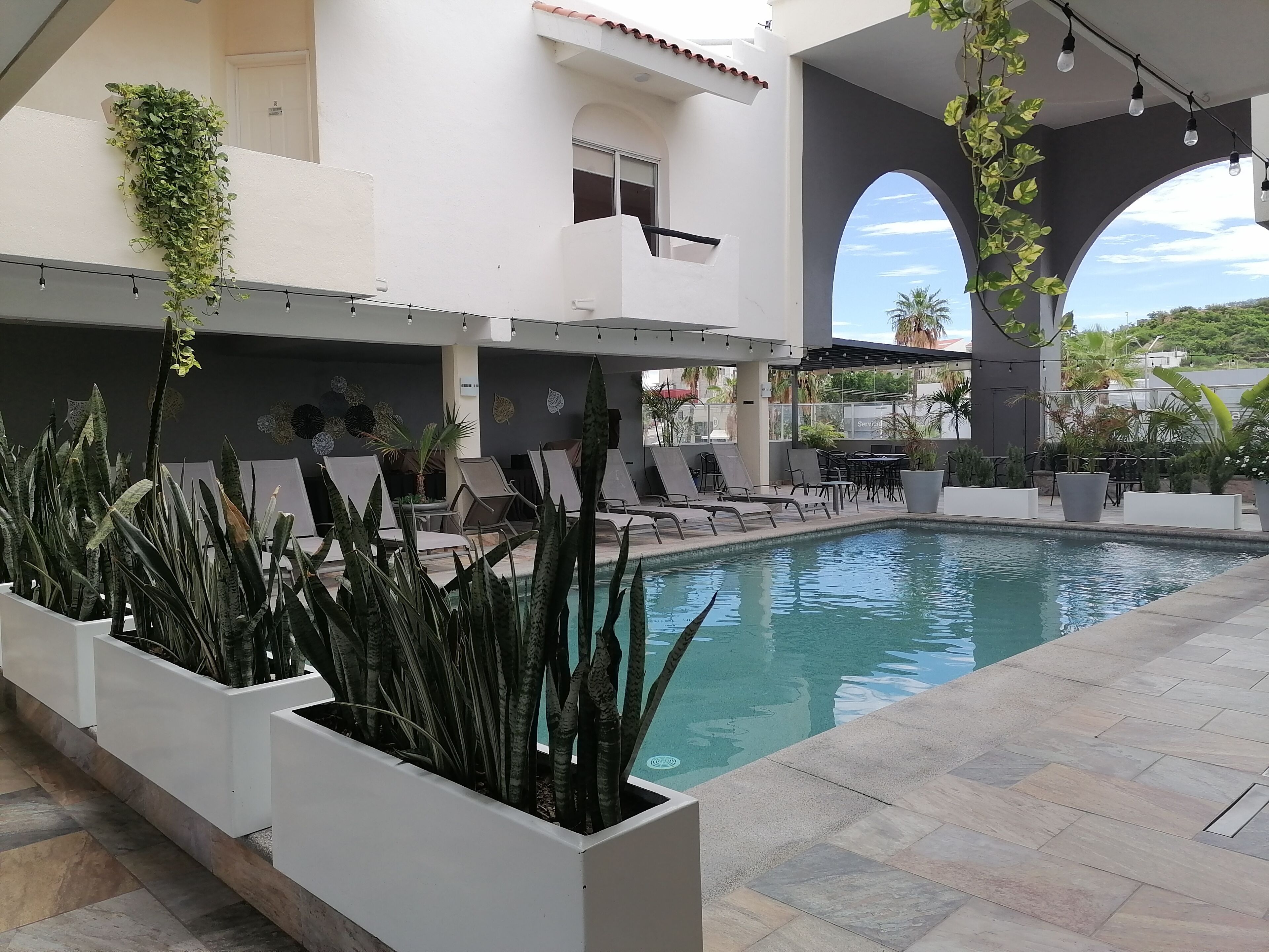 An outdoor pool area with lounge chairs, potted plants, and a view of the surrounding landscape.