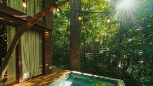 A wooden deck with a glass-enclosed hot tub surrounded by lush greenery.