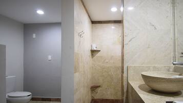 Un baño con inodoro, ducha y un amplio lavamanos de mármol.