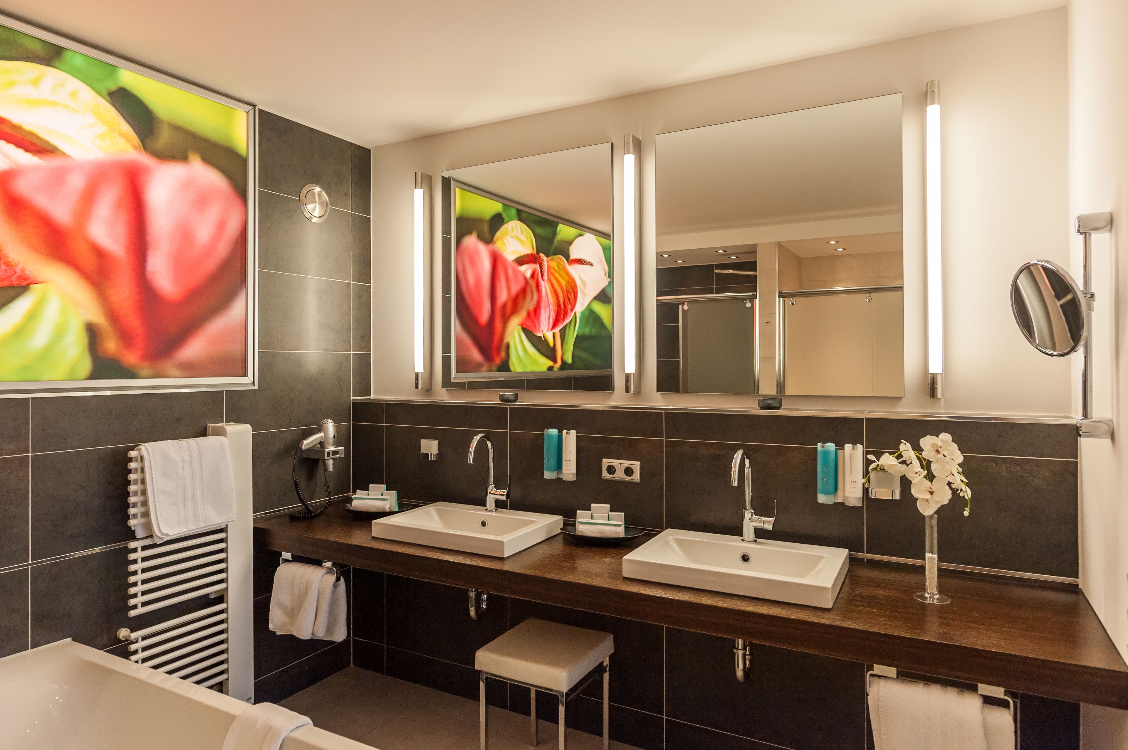 deluxe suite | bathroom | hair dryer, bathrobes, towels