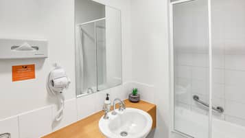 Un baño con lavamanos blanco, un espejo, secador de pelo, planta en maceta y cabina de ducha de vidrio.