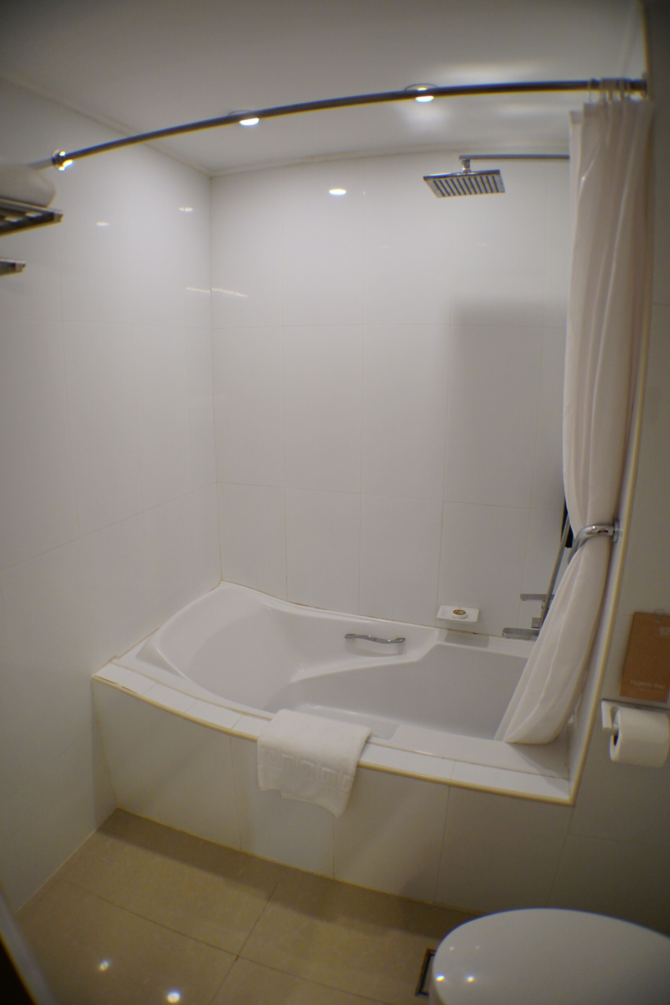 A bathroom with a bathtub, toilet, and shower curtain.