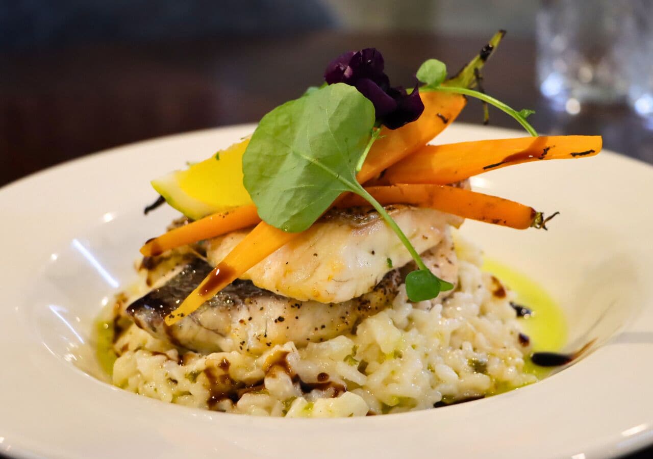 Un plato de comida con pescado, arroz y verduras.