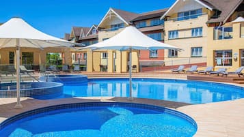 Indoor pool, outdoor pool, pool loungers
