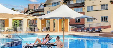 Indoor pool, outdoor pool, pool loungers