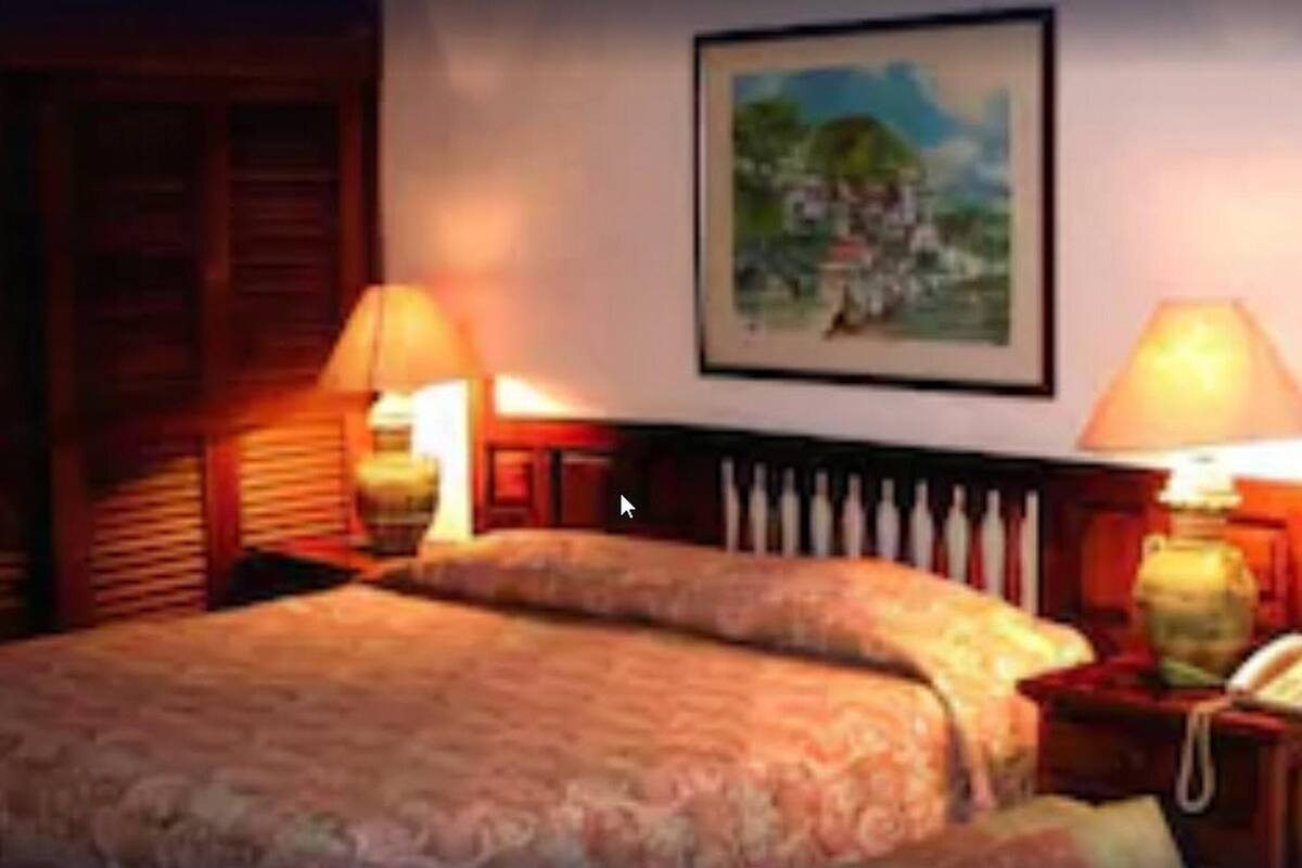 Een slaapkamer met een bed, twee bedlampjes, een nachtkastje met telefoon en een lijst aan de muur.