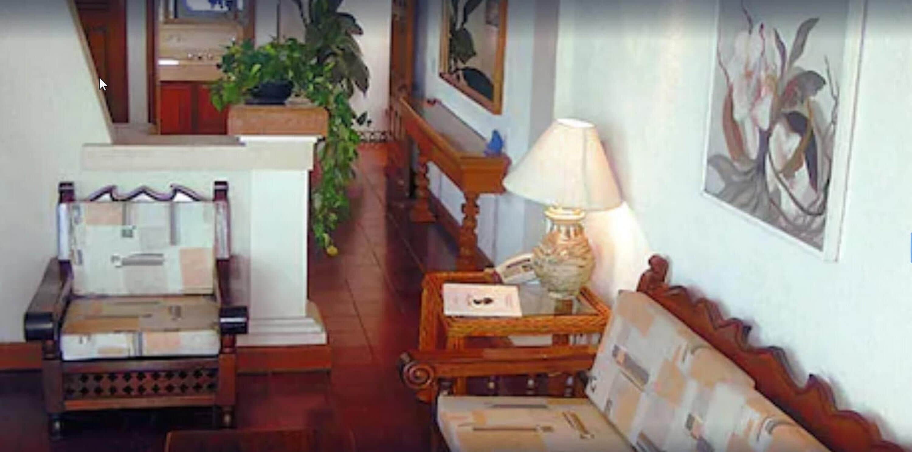 A living room with a sofa, a small table with a lamp, a potted plant, and a painting on the wall.