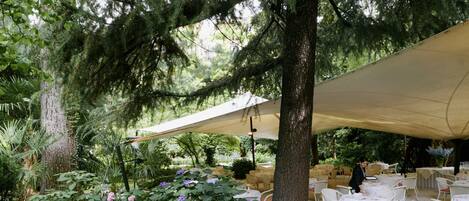 Un área de comedor al aire libre con mesas y sillas blancas, rodeada de árboles y follaje.