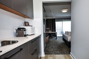 Mini-fridge, microwave, espresso maker, coffee/tea maker