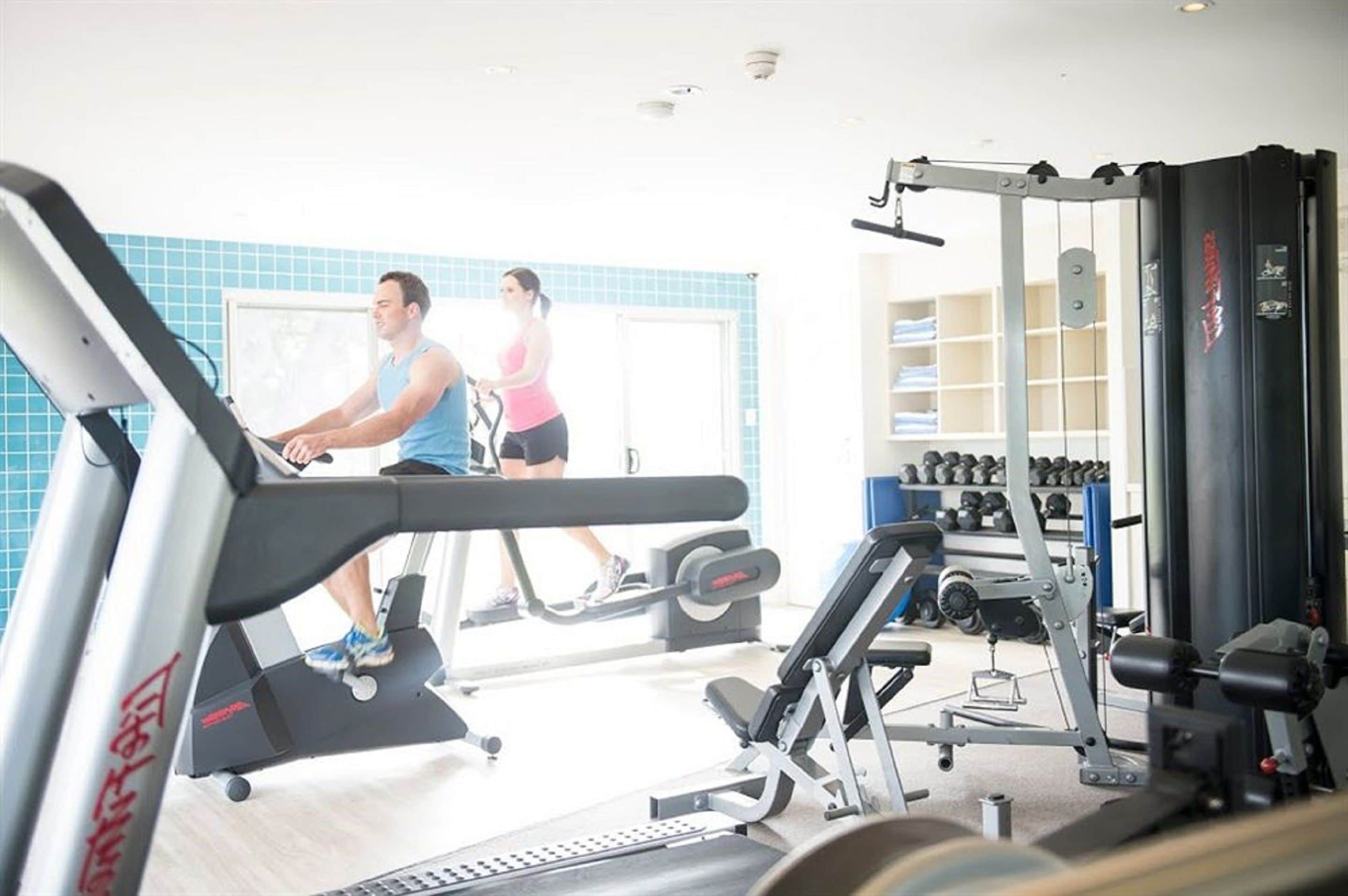 A gym with treadmills, weight machines, and dumbbells.