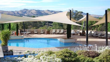 Outdoor pool, pool umbrellas, pool loungers