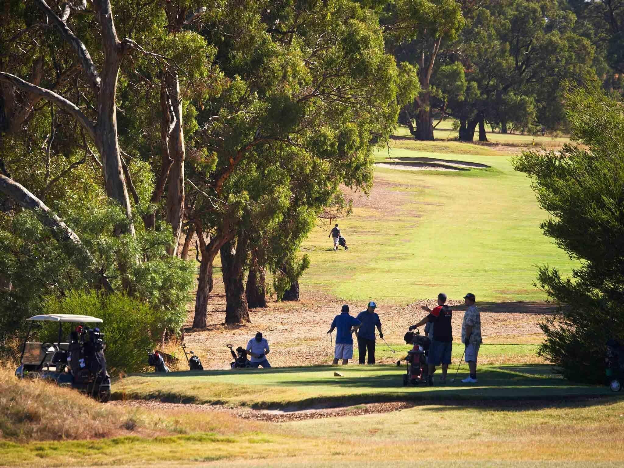 A golf course with trees, a golf cart, and people playing.