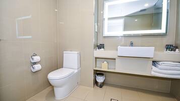 A modern bathroom with a toilet, sink, and mirror.