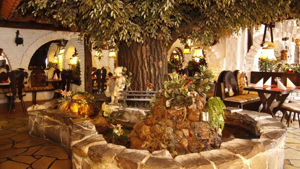 A restaurant with stone walls, wooden furniture, and a large tree centerpiece. - Hotel Kaiserhof (Wesel)