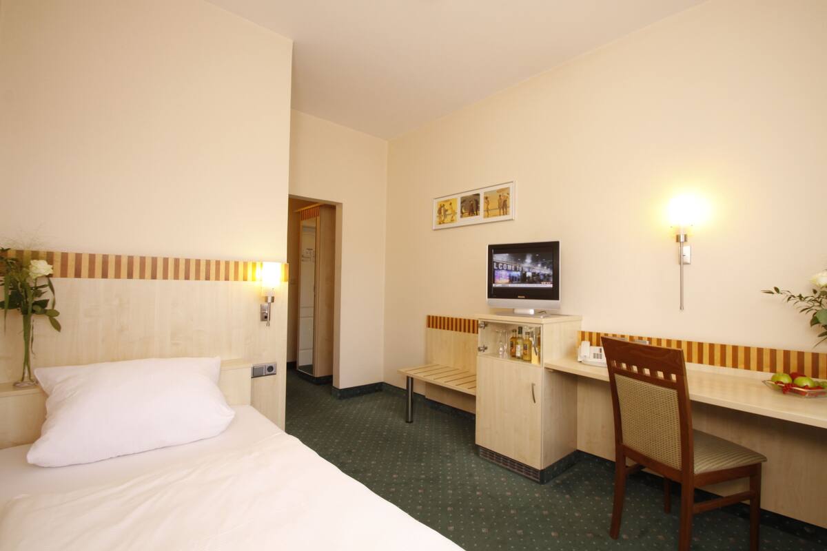 A hotel room with a bed, a desk, a chair, a television, and a small cabinet.