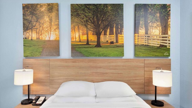 A bedroom with a wooden headboard, two bedside lamps, a bed with white bedding, and three framed pictures of a park scene. - Days Inn & Suites by Wyndham Siler City (Siler City)