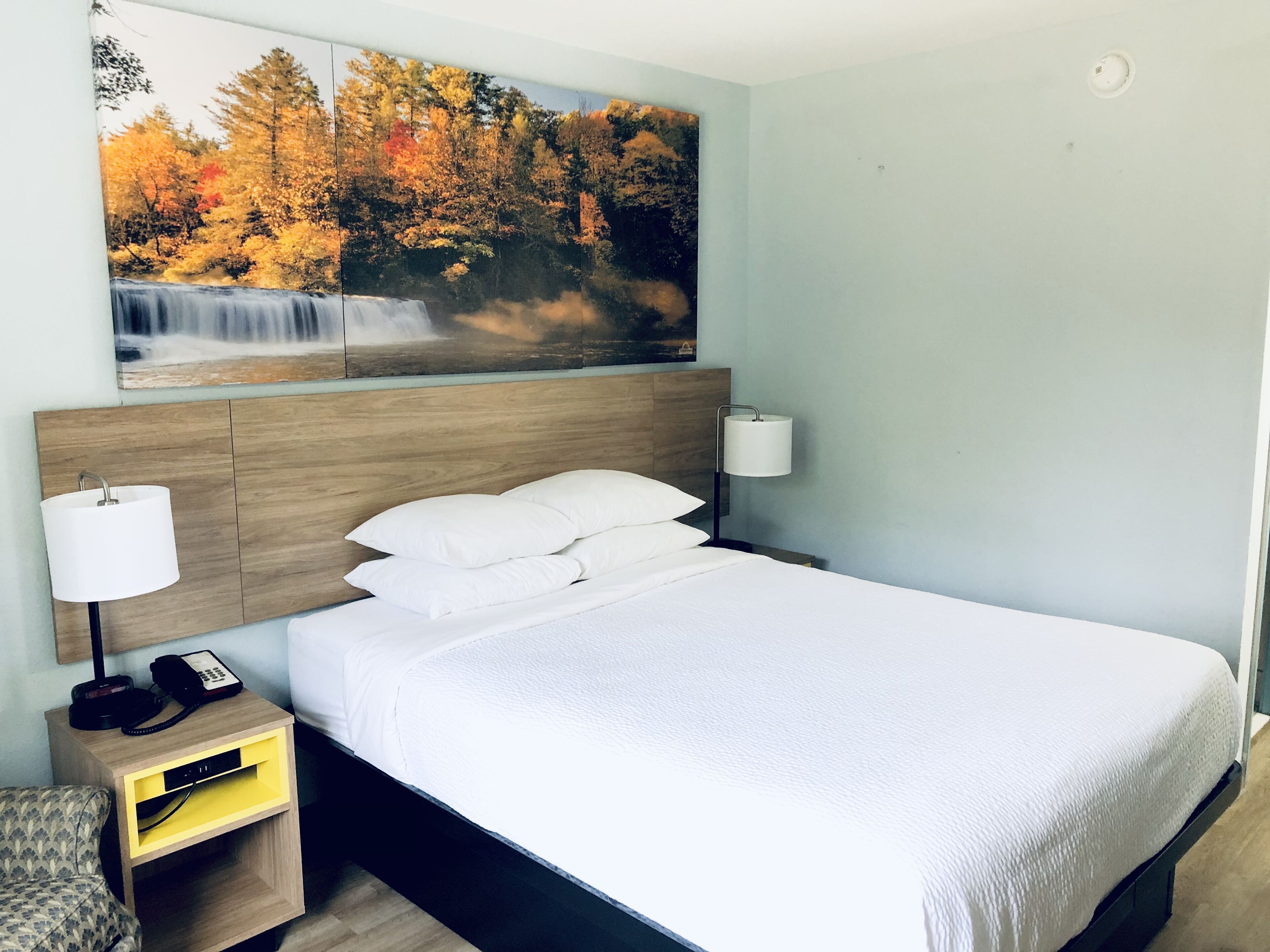 Quarto de hotel com cama, mesa de cabeceira com abajur, telefone e quadro de uma cascata.