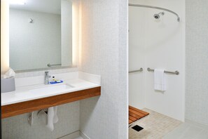 Standard Room, 1 King Bed, Roll-in Shower (Mobility Accessible) | Bathroom | Shower, hair dryer, towels