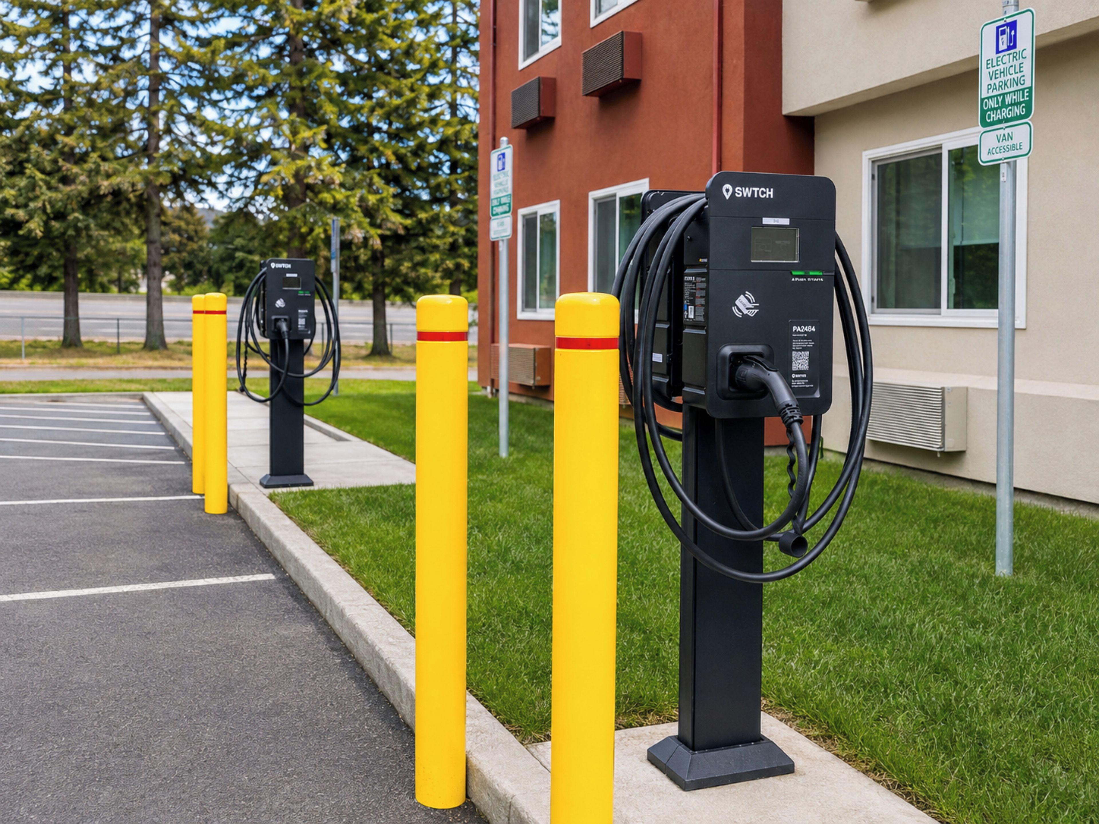 Electric vehicle charging stations with yellow bollards, a parking sign, and a building with a red facade.