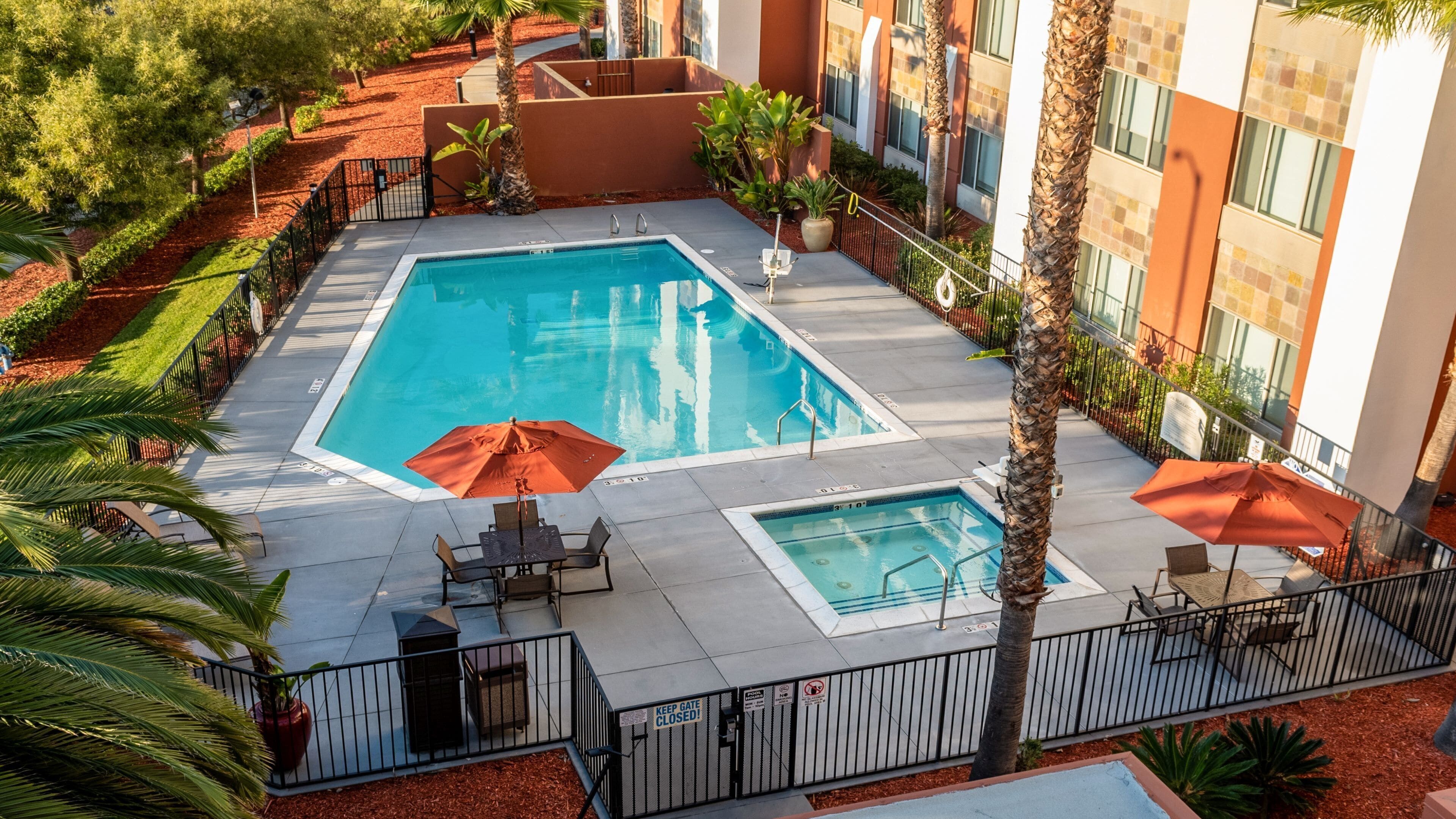 A rooftop pool with two separate sections, surrounded by palm trees and a building with a tiled facade.