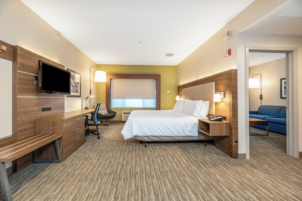 A hotel room with a bed, desk, chair, TV, and a sofa.