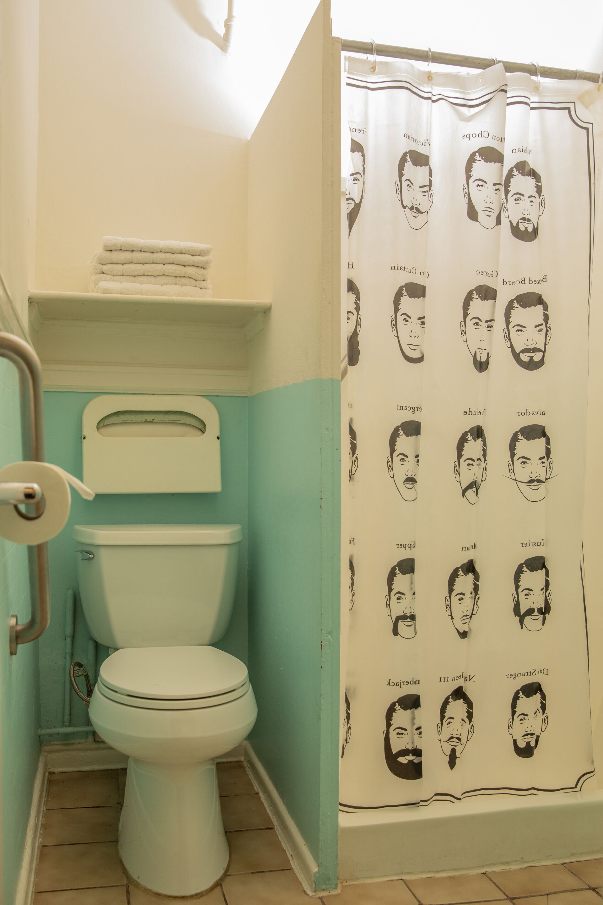 A bathroom with a toilet, a roll of toilet paper, and a shower curtain with a pattern.