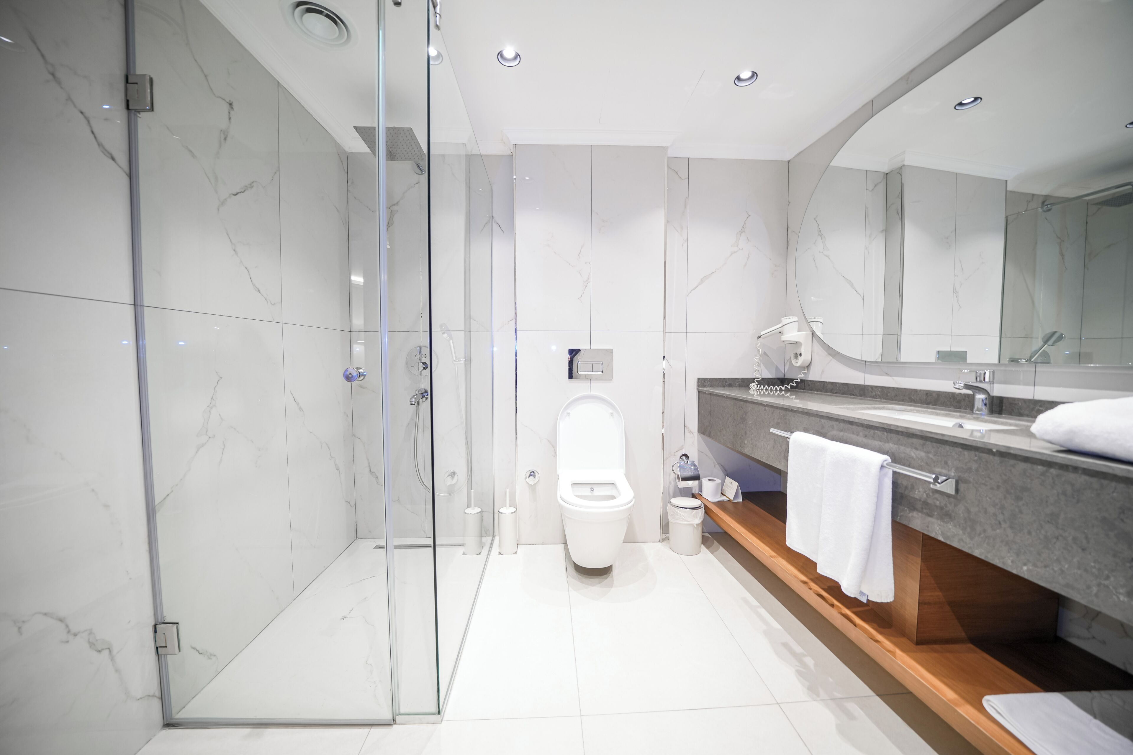 A modern bathroom with a glass-enclosed shower, a white toilet, and a vanity with a mirror.