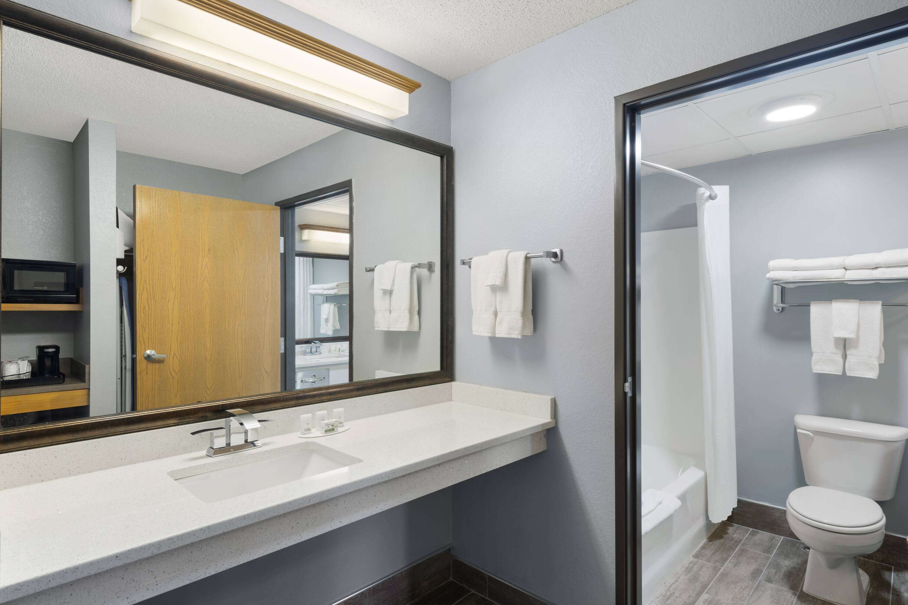 A bathroom with a large mirror, a sink, a toilet, and a shower.