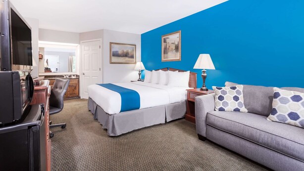 Une chambre d’hôtel comprenant un lit, un canapé, un bureau avec une télévision et une kitchenette.